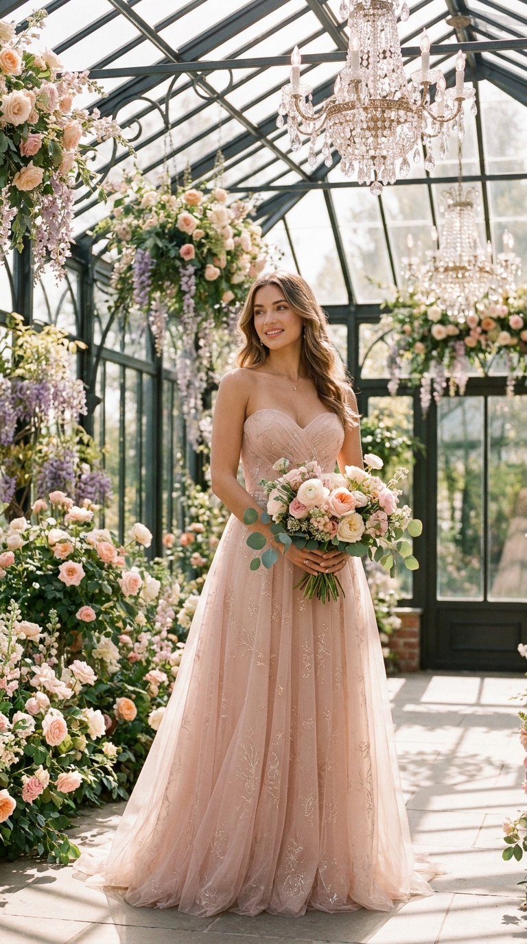 Rosé Blush em Tule — Detalhes do Busto & Buquê
